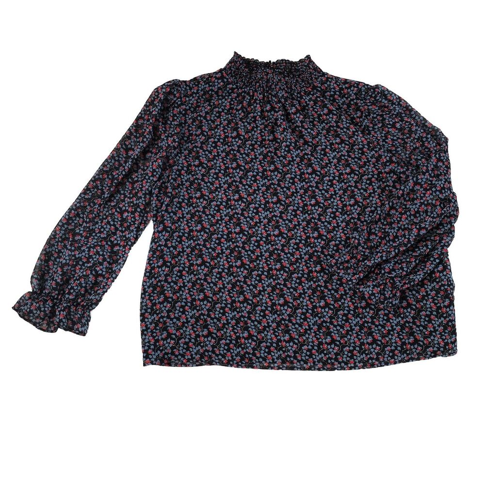 1.STATE Smocked Mock Neck Blouse XL Floral Ditsy Print Long Sleeve Sheer Top